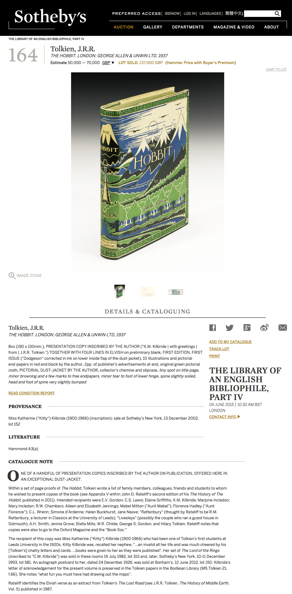 J.R.R. Tolkiens The Hobbit zum Rekordpreis bei Sotheby's versteigert